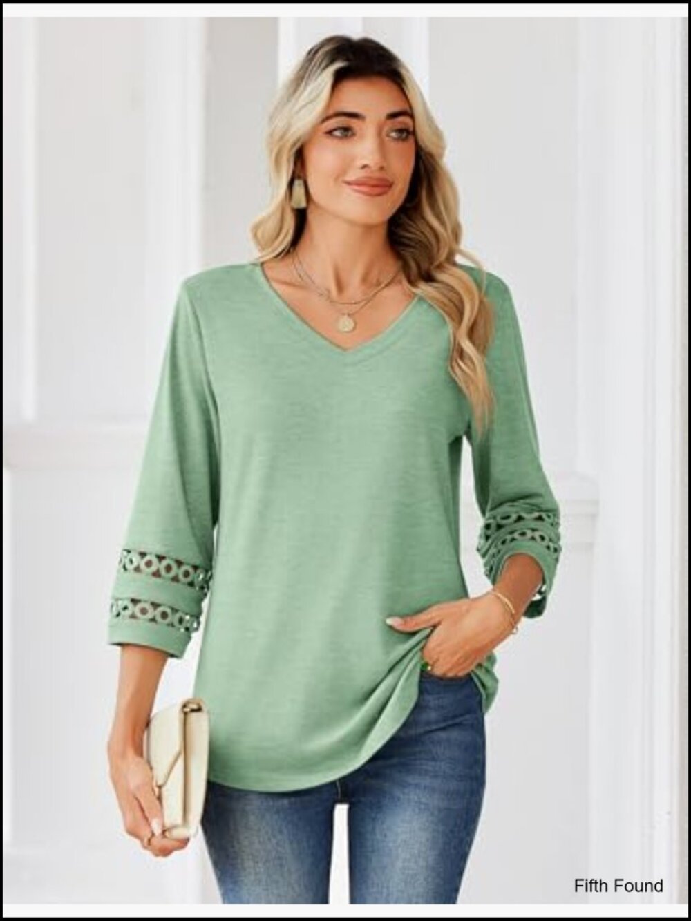V-Neck 3/4 Sleeve Blouse with Eyelet Lace, Polyester Spandex, Work Casual Top - Picture 2 of 6